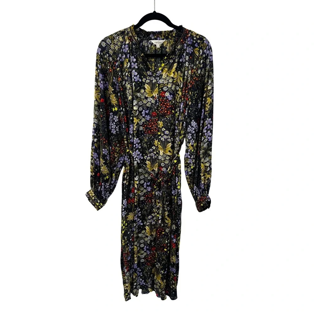 Per Una Navy Wild Garden Floral Shirt Dress Velvet Trim Belted Long Sleeve 10 - Picture 2 of 13
